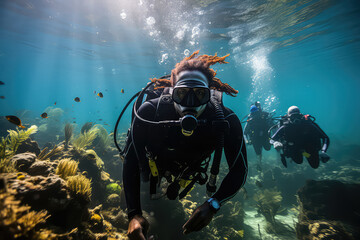Naklejka na ściany i meble Exploration of underwater ecosystems through scuba diving, discovering the wonders of marine life. Generative Ai.