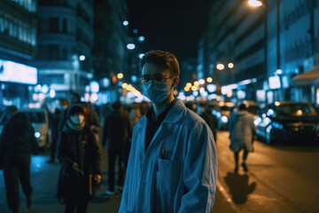 A doctor stands on a busy city street in sharp focus while the background is blurred from long exposure. A cool color palette creates a sense of calm and stability. Generative ai.