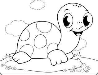A cartoon turtle in the garden. Vector black and white coloring page.
