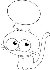 Cartoon cat with a speech bubble. Vector black and white coloring page.