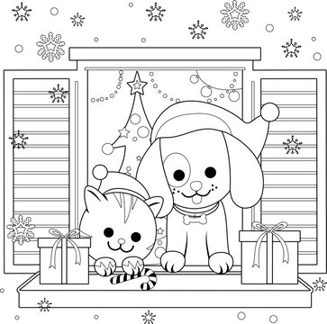 Cat and dog with Christmas hats sitting at home on a window sill in front of a Christmas tree. Vector black and white coloring page.