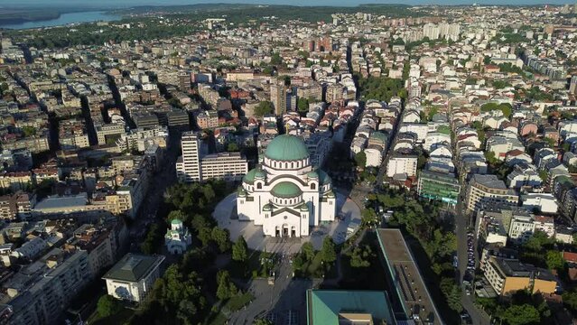 Drone view of Saint Sava temple, one of the largest Orthodox churches in the world