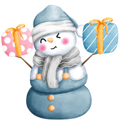 Watercolor christmas illustration of cute snowman in blue santa hat and scarf with blue and pink gift boxes.