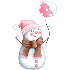 Watercolor christmas illustration of cute snowman in pink santa hat and brown scarf with pink balloon.