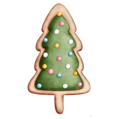 Watercolor christmas cookie with christmas tree illustration.