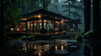 Fototapeta premium A photo of a villa at night, in the forest, in the rain, particles, soft-focus, shot on a Sony mirrorless, DSLR,wildlife photography