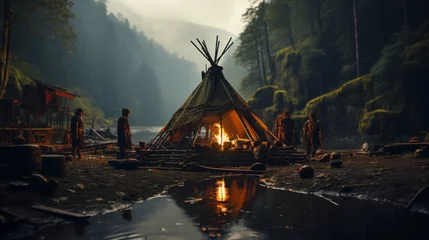 Plexiglas foto achterwand A tribal brazilian indigenous tent, cinematic © Dushan