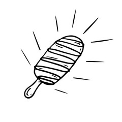 Vector doodle ice cream on a popsicle stick black and white icon, logotype, symbol, emblem. Hand drawn illustration for cafe menu, kids coloring