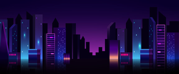 Futuristic night city. Cityscape on a dark background with glowing neon lights. Cyberpunk style