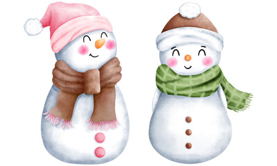 Set of watercolor christmas illustration with cute snowman in colorful santa hat and scarf. Cute winter snowman collection.