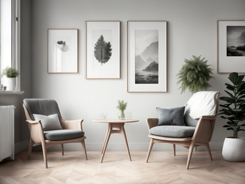 interior with gray sofa and picture frames, 3d render illustration, interior in scandinavian style