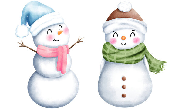 Set of watercolor christmas illustration with cute snowman in santa hat and scarf. Cute winter snowman collection.