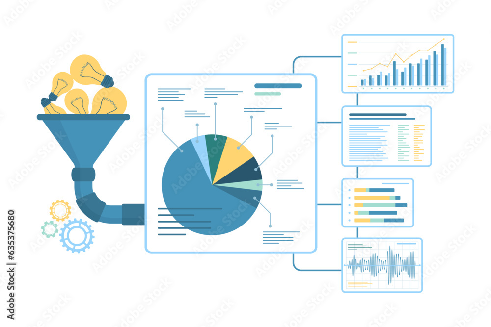 Aufkleber funnel for information and idea conversion vector illustration. cartoon filter with light bulbs and 