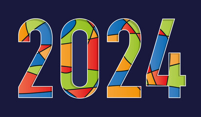 2024 écrit avec des formes géométriques de couleurs, rouges, bleues, jaunes et vertes sur un fond bleu.