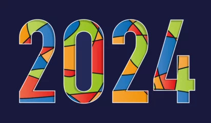 Door stickers Stained 2024 écrit avec des formes géométriques de couleurs, rouges, bleues, jaunes et vertes sur un fond bleu.