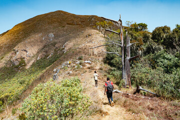 Rear view of a hiker against a mountain background at Mbeya Paek, Tanzania - obrazy, fototapety, plakaty