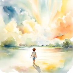 A child walks barefoot in a summer landscape towards colored clouds and bright sun. Watercolor drawing. Made with Generative AI