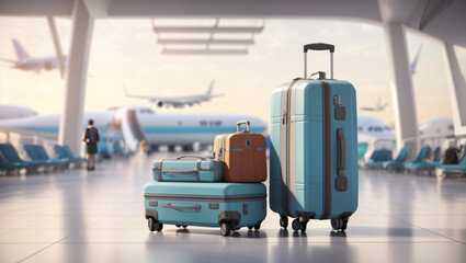 Travel concept background. Luggage at airport 3D Rendering, 3D Illustration