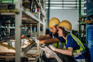 Warehouse staff scan, tag, verify automotive items using handheld device, ensuring precise shipment