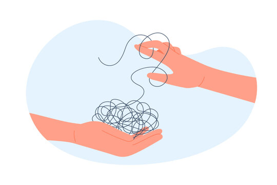 Smart solution for complicated puzzle of mess and chaos vector illustration. Cartoon two hands holding knot of tangled thread to pull and unravel string, psychology metaphor of help in mind problem