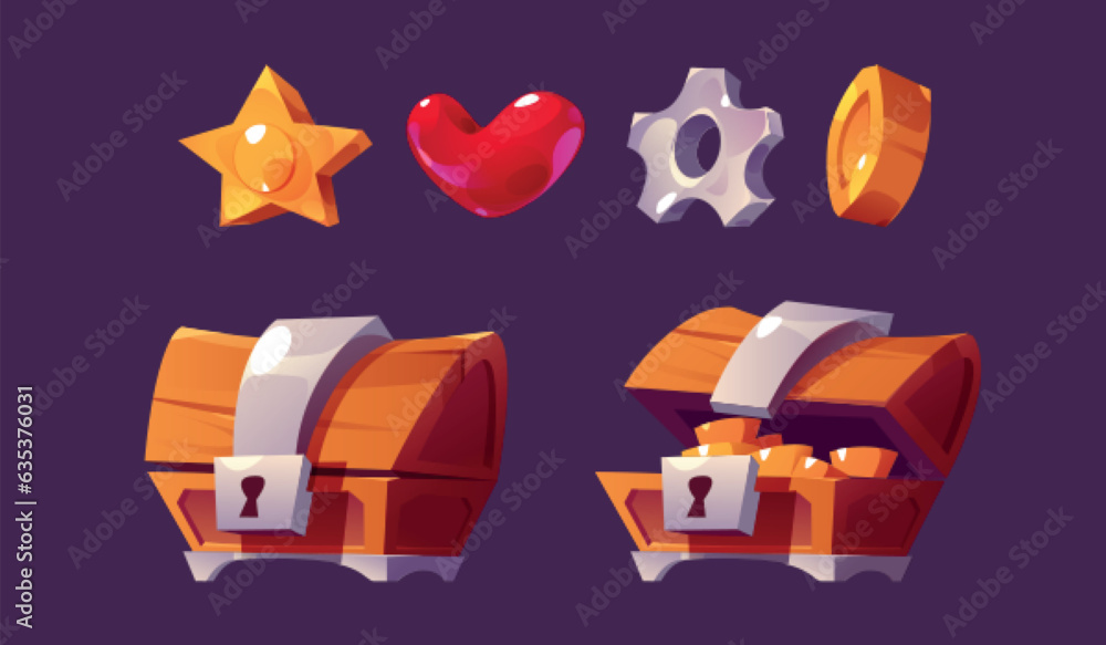 Poster gold and chest ui game vector icon element set. casino cartoon interface pack with lock and open mon