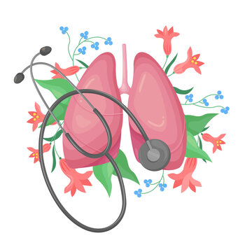 Lung health care, diagnosis and care for diseases vector illustration. Cartoon isolated human lungs with red flowers and green leaves for healthy breathing, medical stethoscope for examination