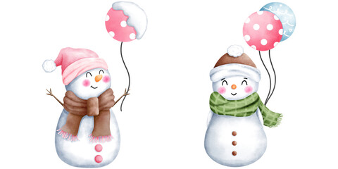 Set of watercolor cute christmas snowman with winter costume and colorful balloons illustration. Cute winter snowman collection.