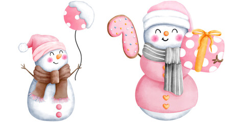 Set of watercolor pink christmas snowman with christmas ornaments illustration. Cute winter snowman collection.