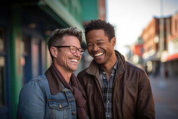 Two homosexual men stroll hand in hand along the bustling street, radiating love, acceptance, and pride. Their confident strides and genuine smiles. Generative Ai, Ai.