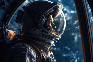 A view of an astronaut looking out of a space station window towards Earth, capturing the awe and wonder of space exploration. Generative Ai, Ai.