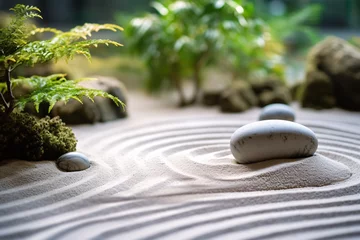 Papier Peint photo Pierres dans le sable Find inner peace in a zen garden where raked sand patterns and minimalistic foliage set the stage for mindfulness and design
