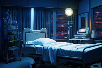 futuristic ward in a hospital in a spaceship on blue colors - obrazy, fototapety, plakaty