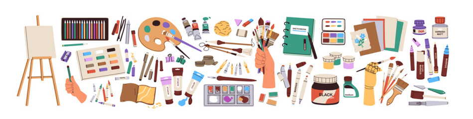 Art supplies, tools set. Paints palettes, brushes, pencil kit, pen, sketchbook, easel and canvas. Painters equipment, drawing stationery. Flat graphic vector illustrations isolated on white background