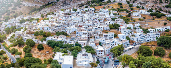 Aerial closeup view of the beautiful mountain village of Apeiranthos, Naxos island, Cyclades, Greece