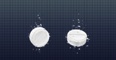 Effervescent aspirin tablet with underwater bubble. Fizzy white medicine vitamin isolated on transparent background. Paracetamol dose sparkling. Pharmaceutical solution from migraine to drink - obrazy, fototapety, plakaty