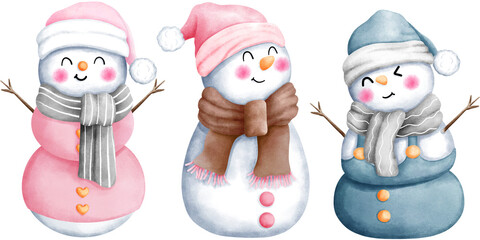 Set of three adorable pink and blue watercolor christmas snowman illustrations with santa hats and scarves.