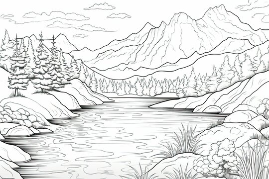 Mountain landscape with river and flowers coloring page. black and white lines