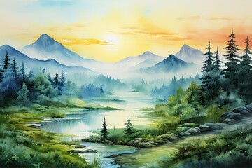 painted landscape of mountains, sunset and forest in watercolor - obrazy, fototapety, plakaty