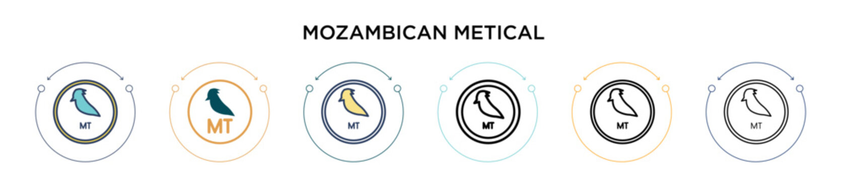 Mozambican metical icon in filled, thin line, outline and stroke style. Vector illustration of two colored and black mozambican metical vector icons designs can be used for mobile, ui, web
