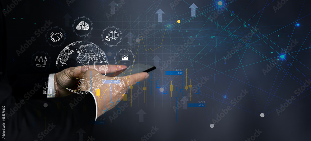Poster hand of young man touching on global internet connection metaverse. business global internet connect