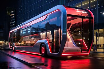 electric red buses of the future - obrazy, fototapety, plakaty