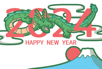 2024年　辰年　年賀状テンプレート　辰と富士山