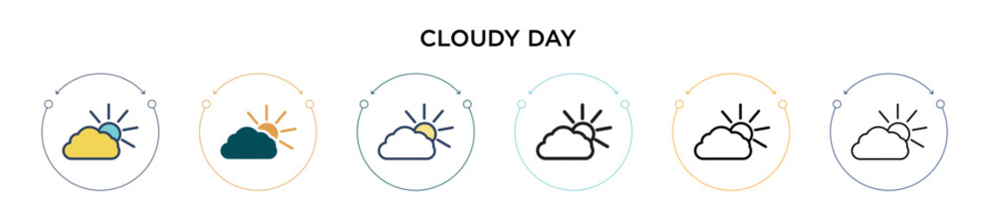 Fototapeta premium Cloudy day icon in filled, thin line, outline and stroke style. Vector illustration of two colored and black cloudy day vector icons designs can be used for mobile, ui, web