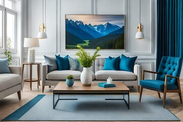 Modern sky blue sofa with sky blue curtains on bright windows and houseplants
