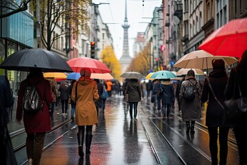 Lots of people with umbrellas and waterproof clothing. Street view on a rainy autumn day.