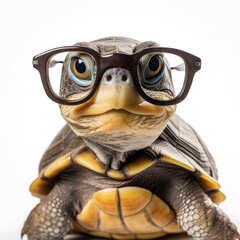 turtle wearing glasses on white background