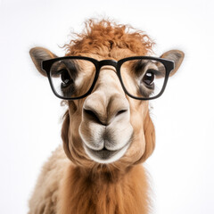 camel wearing glasses on white background