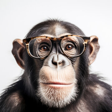 chimpanse wearing glasses on white background