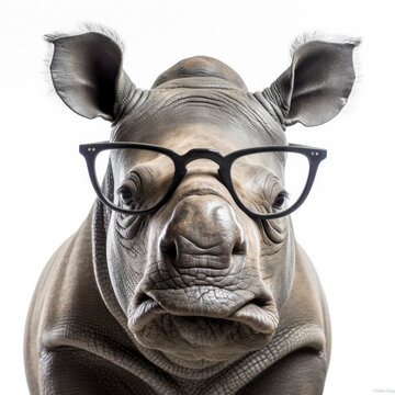 rhinoceros wearing glasses on white background