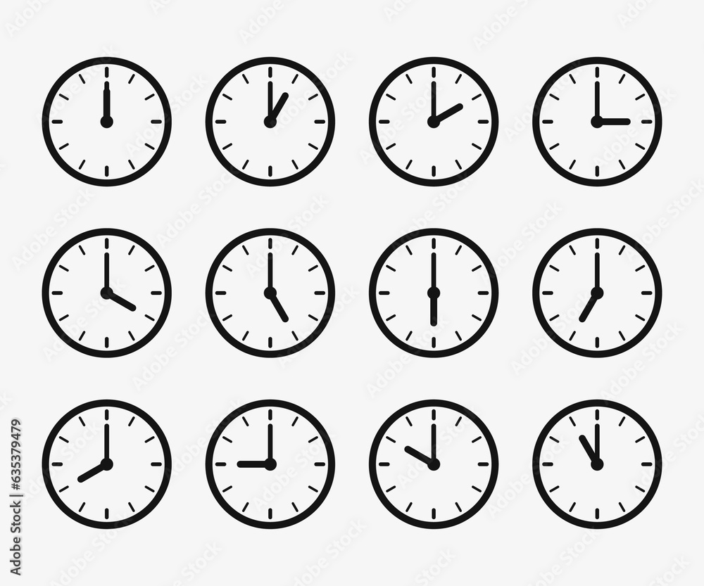 Poster set of clock icon for every hour. 12 hour clock icon. clock icons with different times. set of clock